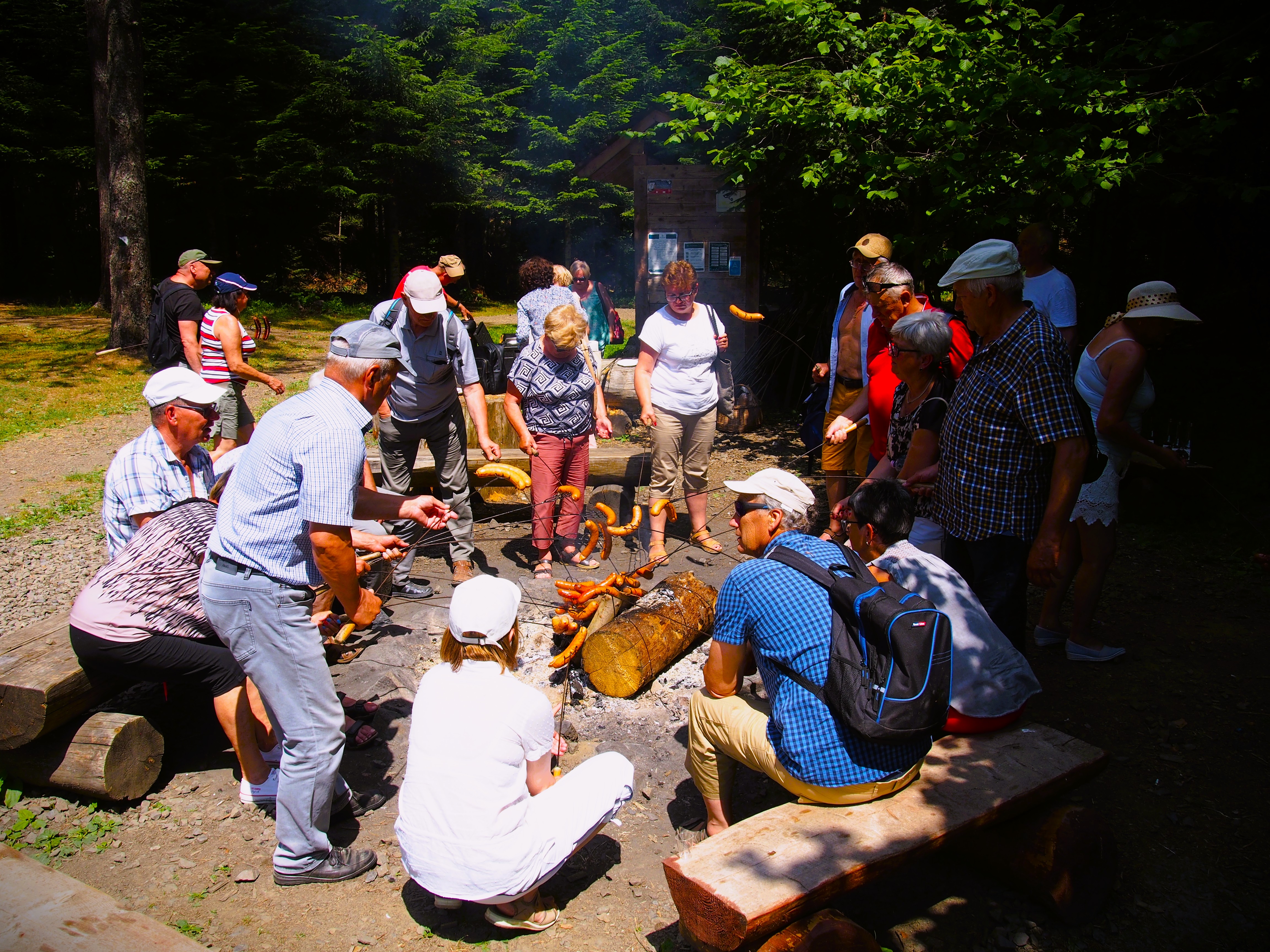 Ludzie przy ognisku pieczący kiełbaski.